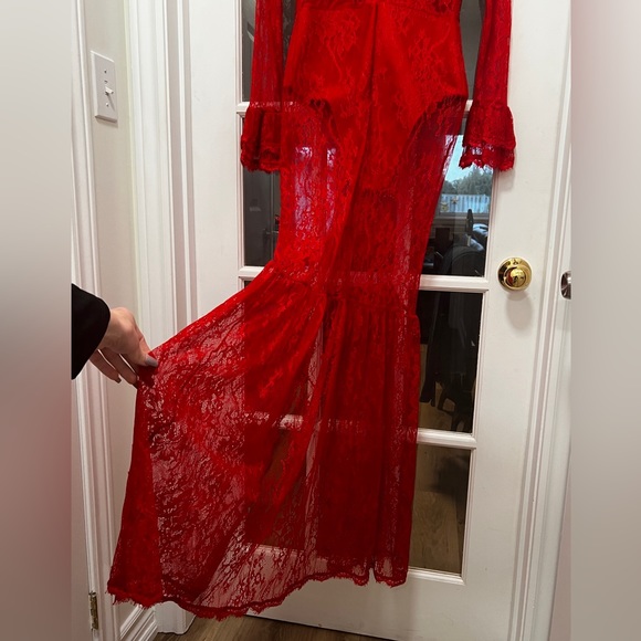 Red Lace Evening Gown W Bodycon Bodysuit Deep V- Front Slit Trumpet Sexy Dress - Picture 7 of 15